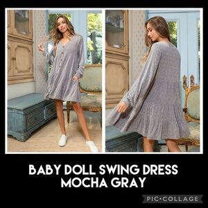 Ces Femme Baby Doll Button Down Swing Dress Mocha Gray Size Small -NWT